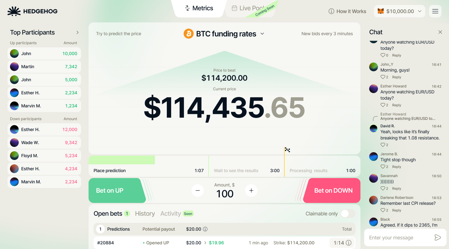 Hedgehog UP/DOWN betting interface